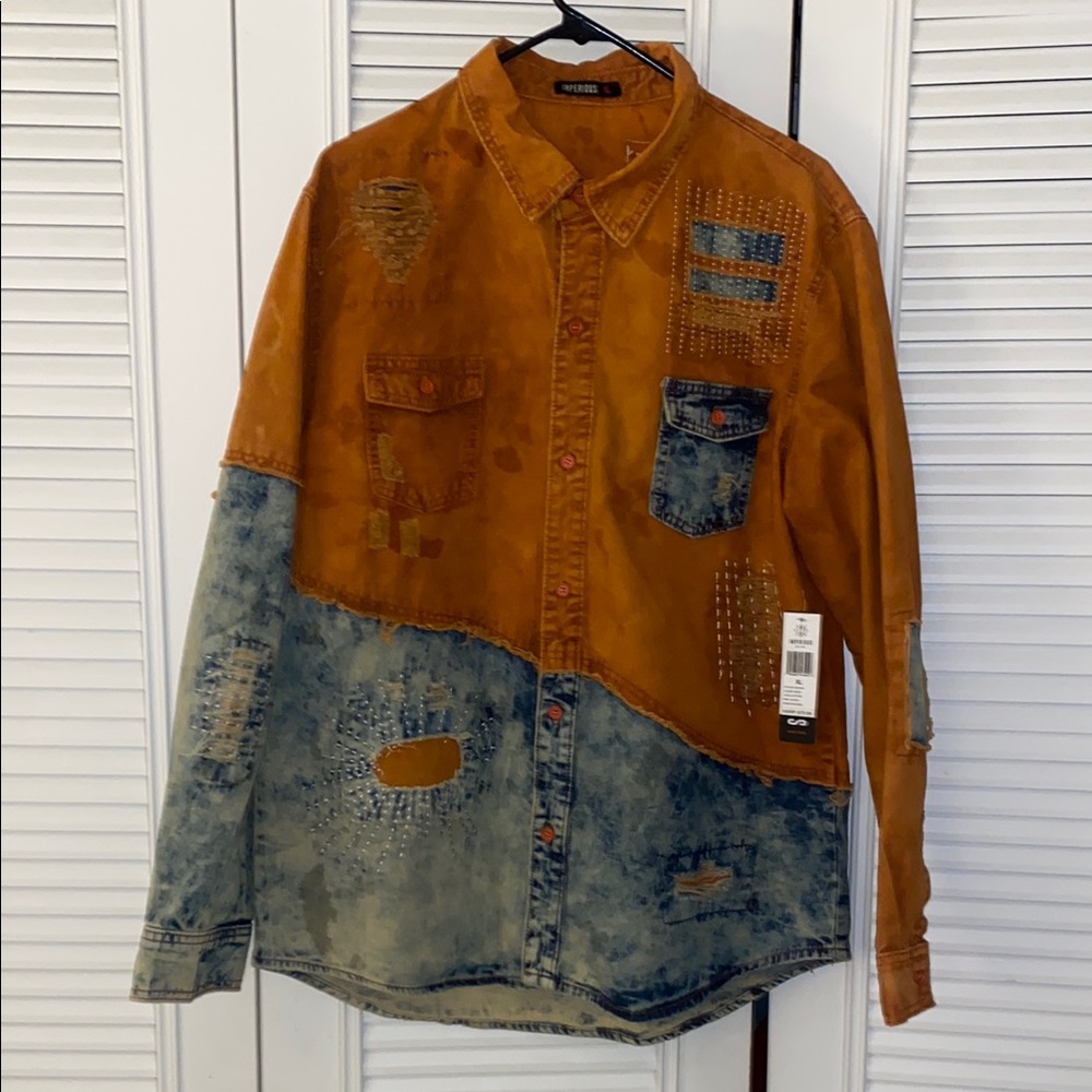 Two-Tone Denim and Brown Men's Shirt